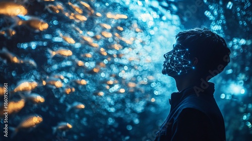 A scene of fish farmers using AI to predict growth rates. A person?s face is illuminated with an intricate network of lights, facing a school of fish swimming in blurry water
