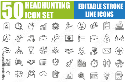 Headhunting and Recruitment Line Icons Set, Editable Stroke Vector Illustration of Hiring, Job, Career, Resume, Candidate, HR, Employment and Business