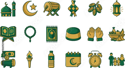 Collection of Islamic Symbols and Icons in Green and Gold.