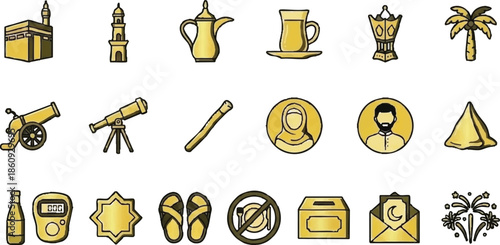 Collection of Travel and Leisure Icons in Yellow and Black.