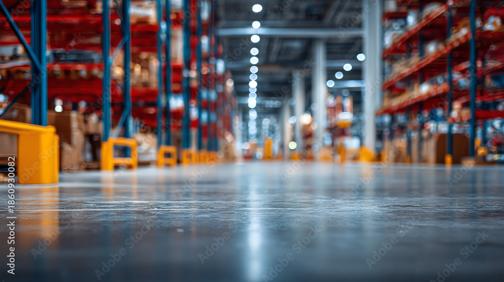 Obraz premium A detailed view of a modern warehouse interior, showcasing shelves filled with products and a clean, polished floor.