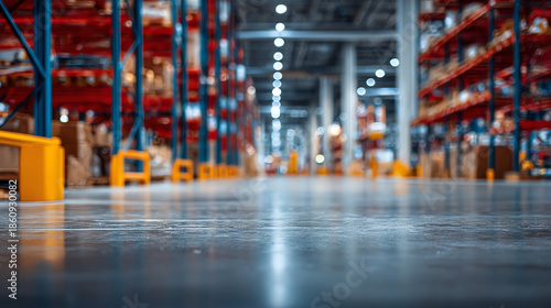 Wallpaper Mural A detailed view of a modern warehouse interior, showcasing shelves filled with products and a clean, polished floor. Torontodigital.ca