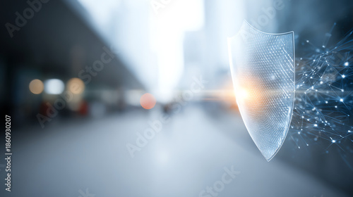 A digital shield symbolizes protection in a modern urban setting, highlighting security in today's technology-driven world.