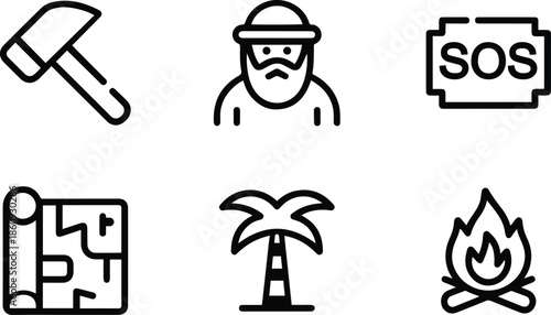Survival and Adventure Line Icons Set with Campfire, SOS, Map and Explorer