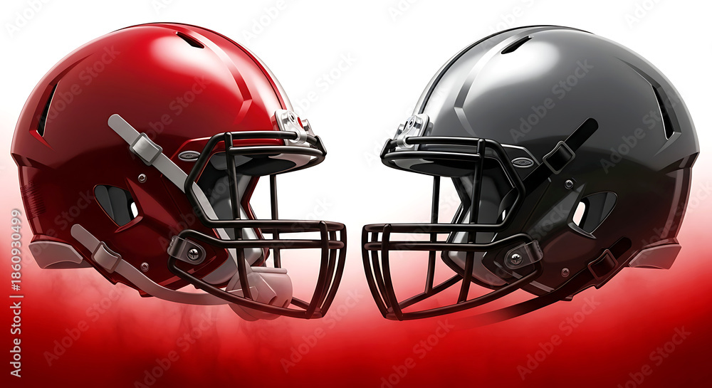 Fototapeta premium Two football helmets, one red and one black, facing each other