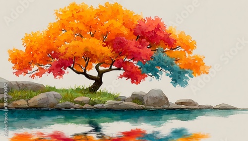 Vibrant Autumn Tree Reflected in Calm Water fall colors