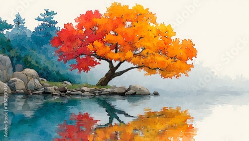 Vibrant Autumn Tree Reflecting in Calm Water fall leaves