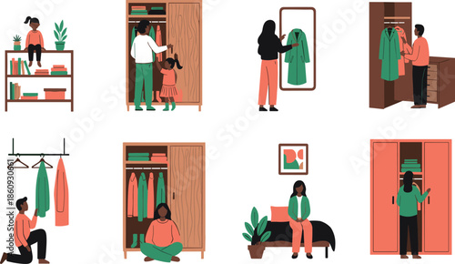 Vector Illustration Set of People Organizing Wardrobes Sorting Clothes on Shelves and Tidying Bedrooms for Home Interior Lifestyle and Storage Design (22 words)