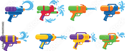 Set of Eight Colorful Vector Water Gun Illustrations Spraying Water Splashes Isolated on White Background for Summer Fun and Outdoor Activities