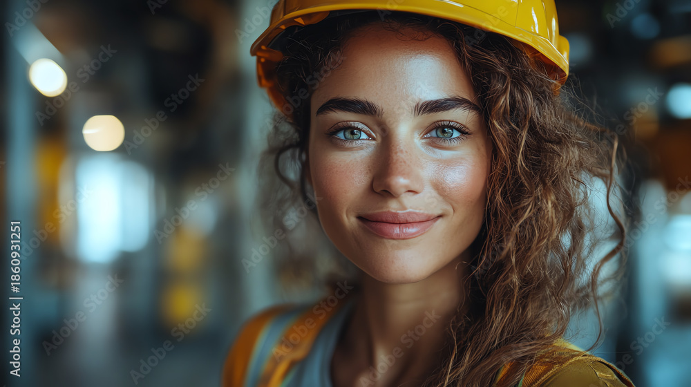 Fototapeta premium A smiling young woman in a hard hat and safety gear, showcasing confidence in a construction environment.