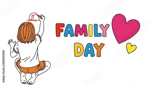 A cartoon dog celebrating family day with colorful text and hearts