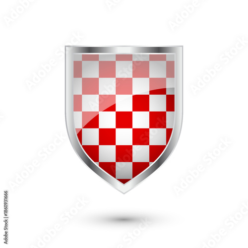 Glossy shield with red and black pattern. Security and protection concept. Cyber safety icons, internet privacy, web defense, digital data protection and antivirus themes. Vector illustration