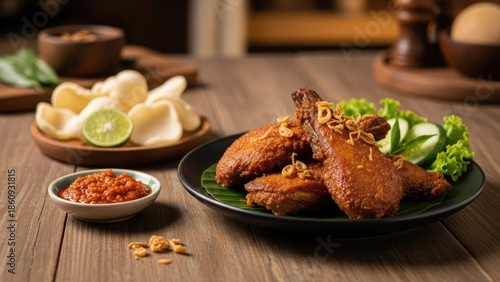 Delicious Fried Chicken with Fresh Vegetables and Spices.