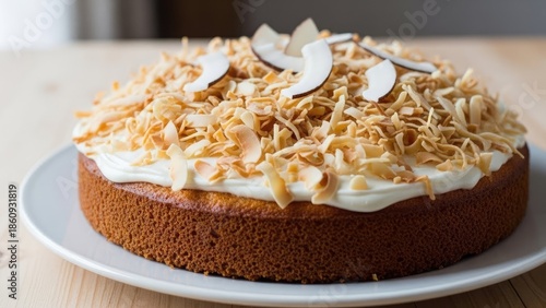 Delicious Coconut Cake with White Frosting and Toasted Coconut Flakes.