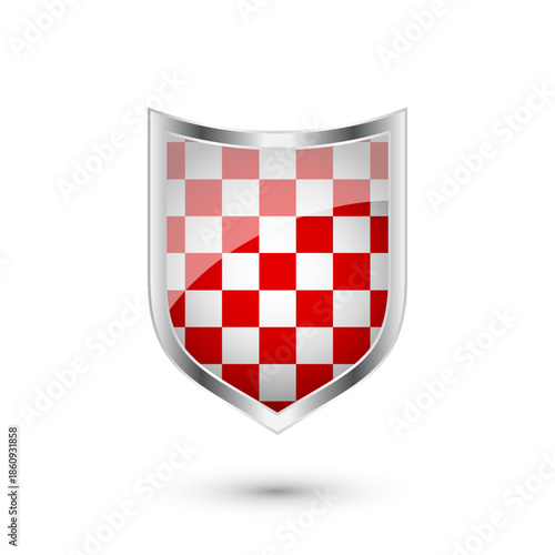Glossy shield with red and black pattern. Security and protection concept. Cyber safety icons, internet privacy, web defense, digital data protection and antivirus themes. Vector illustration
