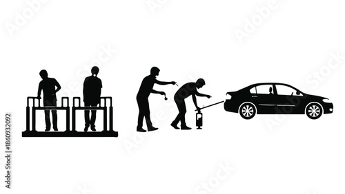 Silhouettes of people performing car maintenance and using public transport against a white background.