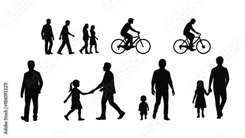 Silhouettes of diverse people walking, cycling, and holding hands, representing movement and connection.