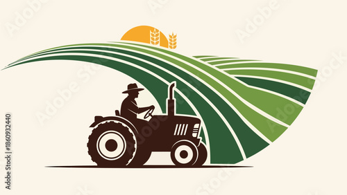 Farmer driving a tractor on a green field at sunset.