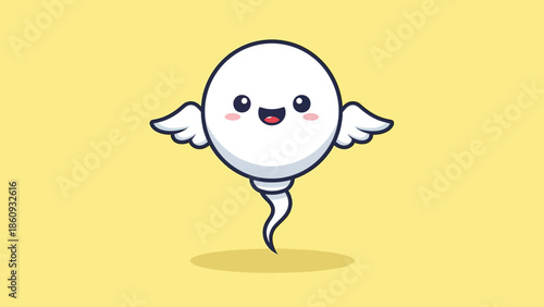 Adorable cartoon sperm character with happy face and small wings.