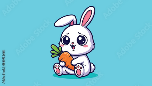 Adorable White Cartoon Rabbit with Big Eyes Happily Holding a Fresh Orange Carrot.