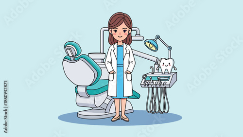 Cartoon female dentist in white coat standing in dental office with chair and equipment.