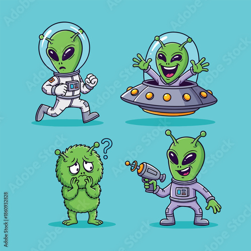 Cartoon Green Alien Characters Collection with Spacesuit UFO and Ray Gun.