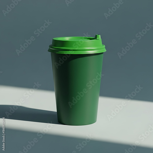 Green disposable coffee cup with lid on white surface and gray background