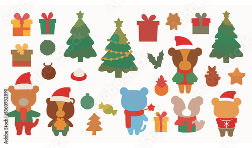 Playful Christmas cartoon animal vector mega set with toys gifts and sweets on white