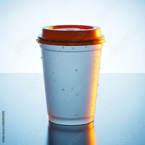 Condensed white paper coffee cup with orange lid on reflective surface