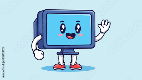 Cute cartoon computer monitor character with a happy face waving hello.