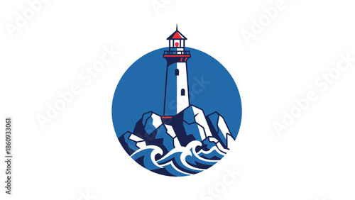 Lighthouse standing tall on rocky shore with crashing waves.