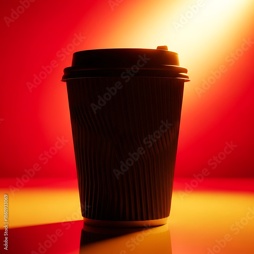 Brown paper coffee cup on red and yellow gradient background