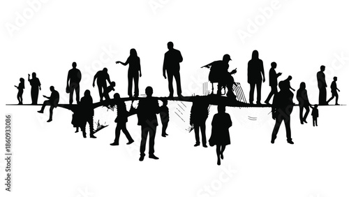 Diverse group of people silhouettes interacting in a dynamic, abstract landscape