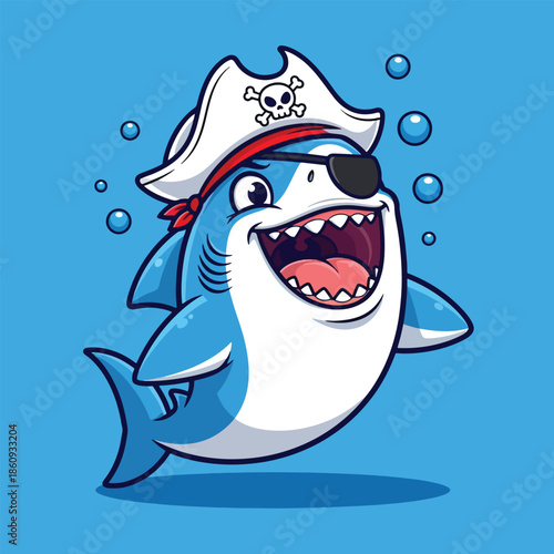 Cute cartoon pirate shark character with eyepatch and skull hat.