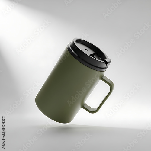 Olive green insulated mug with black lid on white background