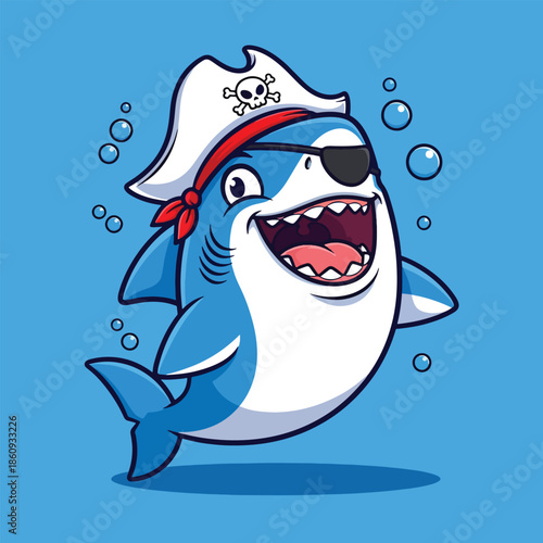 Cute cartoon pirate shark with eyepatch and skull hat.