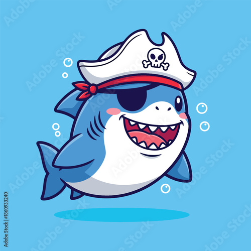 Cute cartoon pirate shark with eye patch and skull hat swimming happily.