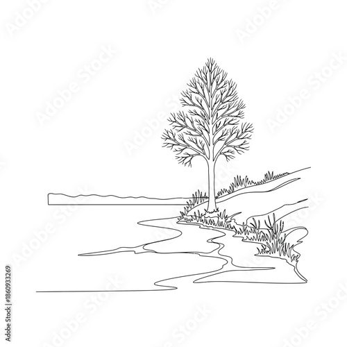 Sketch of a lone tree on a grassy hill overlooking a body of water