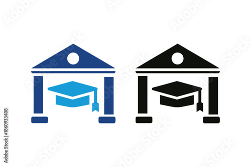 Graduation cap under university building archway icons
