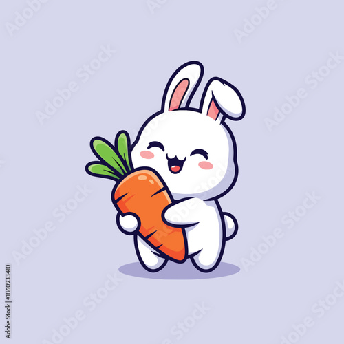 Cute cartoon white rabbit happily hugging a big orange carrot.