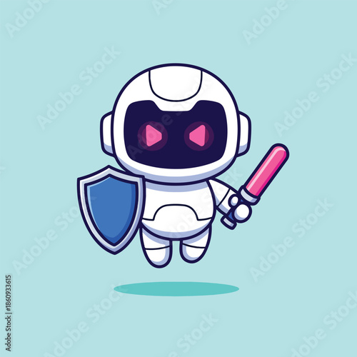 Cute White Cartoon Robot Holding Shield and Pink Light Saber.