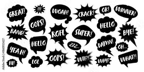 Grunge comic speech bubbles with handwritten text, brush strokes, ink smudges, acrylic stains or charcoal streaks. Hand drawn retro cartoon stickers. Chatting, message box. Vector illustration