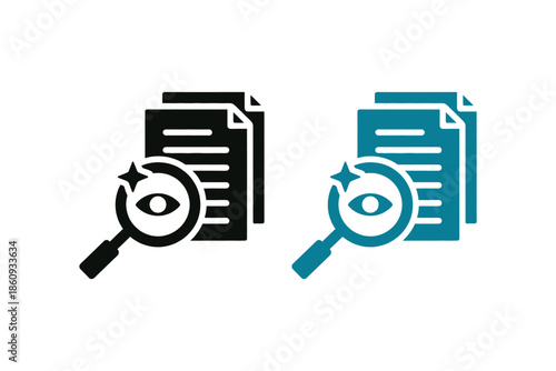 magnifying glass on document icons in black and blue