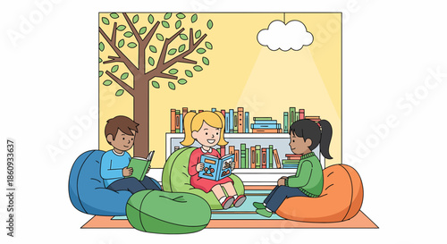 Children Enjoying Reading Time Together In a Library Corner