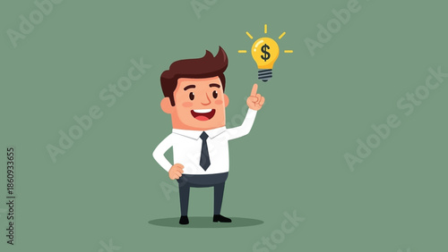 Happy cartoon businessman pointing at a glowing money idea lightbulb.