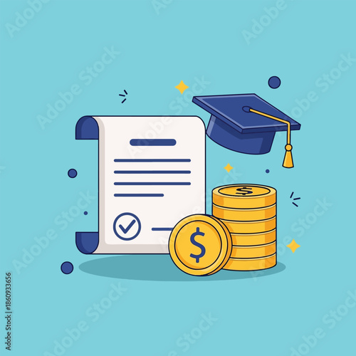Graduation Cap Diploma and Money Stack for Education Finance.