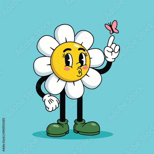 Retro cartoon flower character with a kissing face and a pink butterfly on its finger.