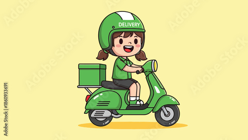 Happy cartoon girl delivery rider on green scooter with box.