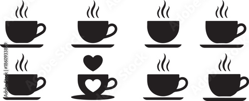 Coffee mug and tea cup vector icon . Black and white coffee cup with heart steam vector illustration.