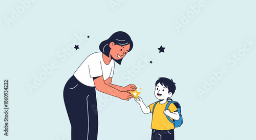 Delighted Mother Giving Her Son Star, Encouraging Academic Excellence
